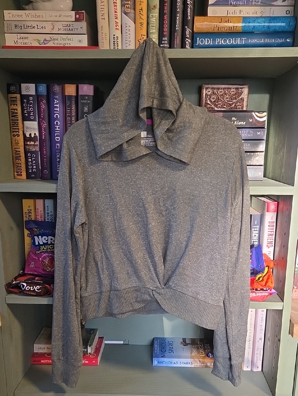 Xersion Green Heather Cropped Hooded Long-Sleeve Sweatshirt